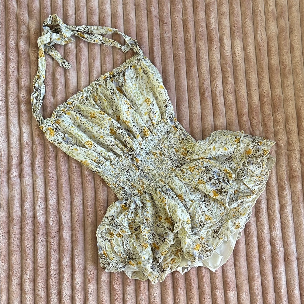 Yellow Floral Halter Romper/Dress with Ruffle Skirt Forever 21